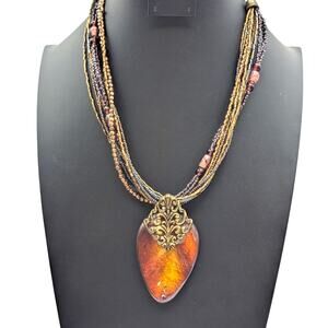 Chico's Multi-Strand Beaded Large Pendant Antiqued Gold Tone 18"-21.5" Necklace